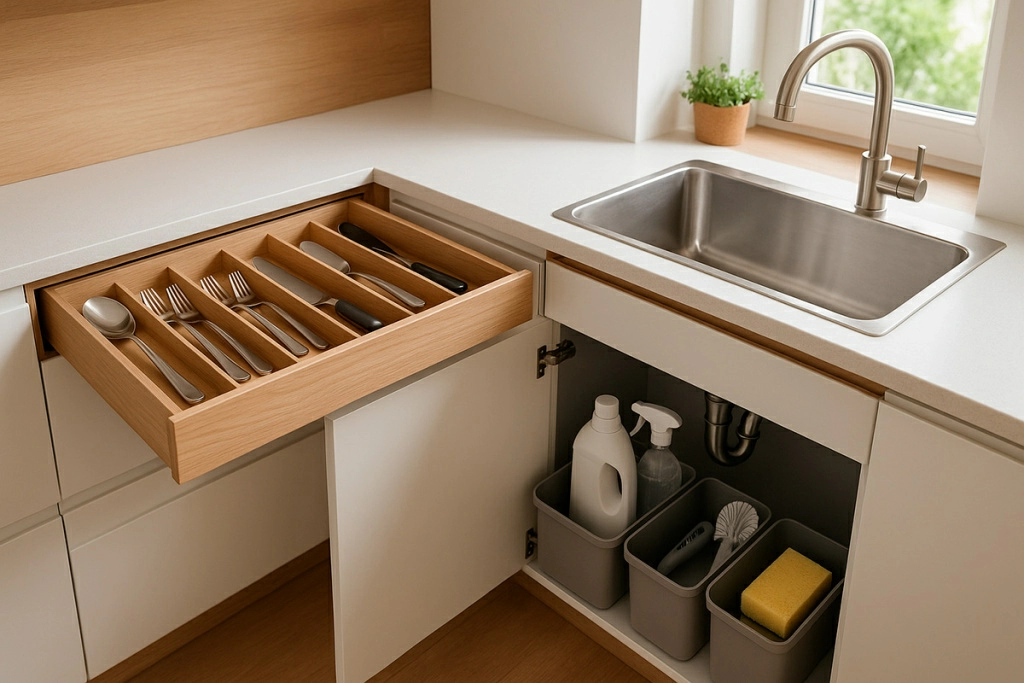 В выдвижных ящиках удобно использовать разделители для столовых приборов