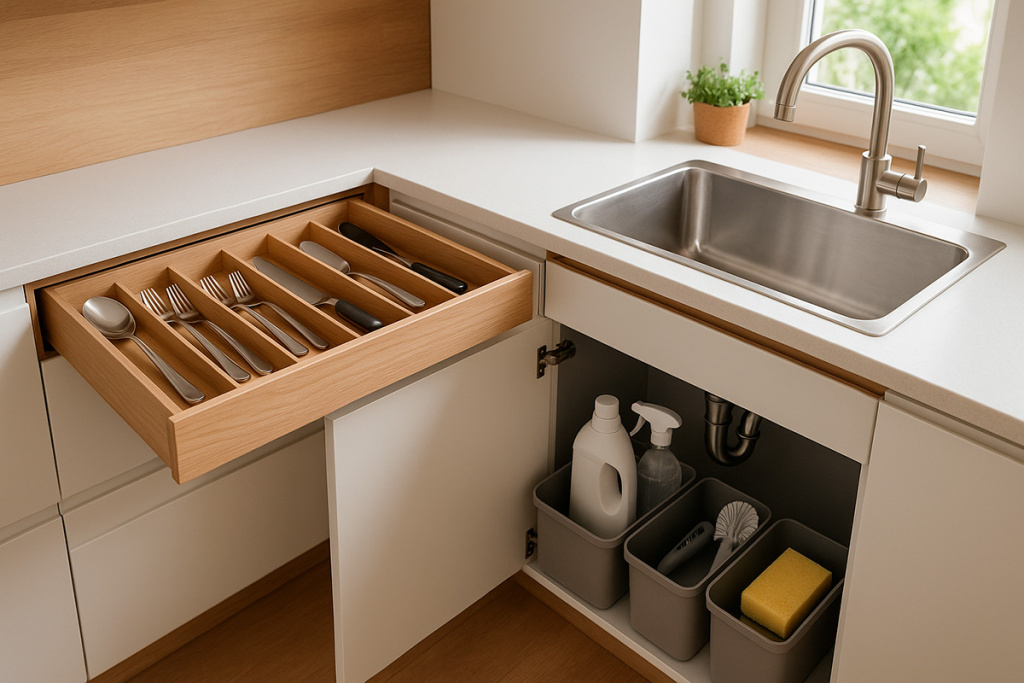 В выдвижных ящиках удобно использовать разделители для столовых приборов